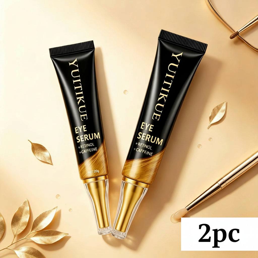 Two Yuitikue eye serum tubes on a beige background with gold leaves and a brush.