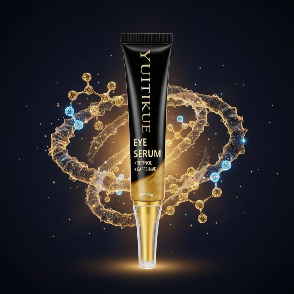 Yuitikue eye serum tube with molecular structure on a dark background