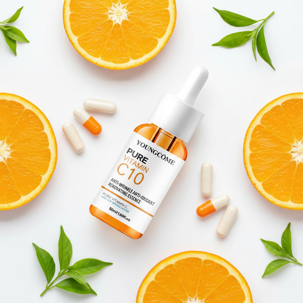 Youngme Pure Vitamin C10 skincare serum with oranges and capsules on a white background