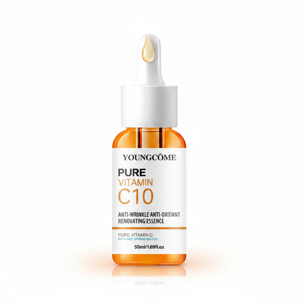 Moussio Vitamin C Brightening Serum with Hyaluronic Acid dropper bottle on marble with orange slices