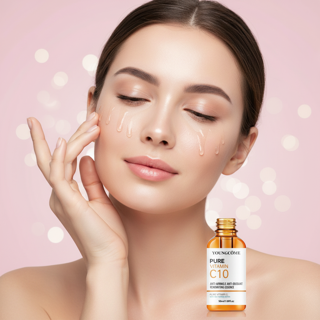 Woman applying facial oil with a bottle of Youngovc Pure C10 on a pink background