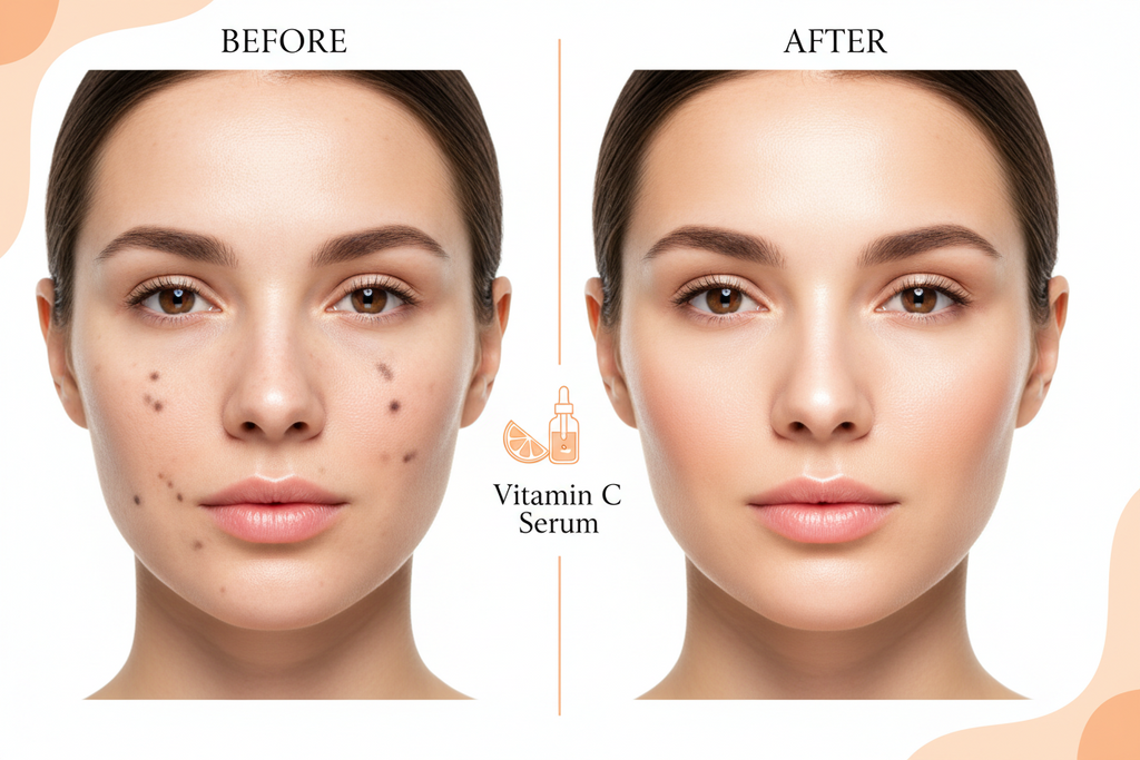 Before and after comparison of a woman's face with Vitamin C Serum application.