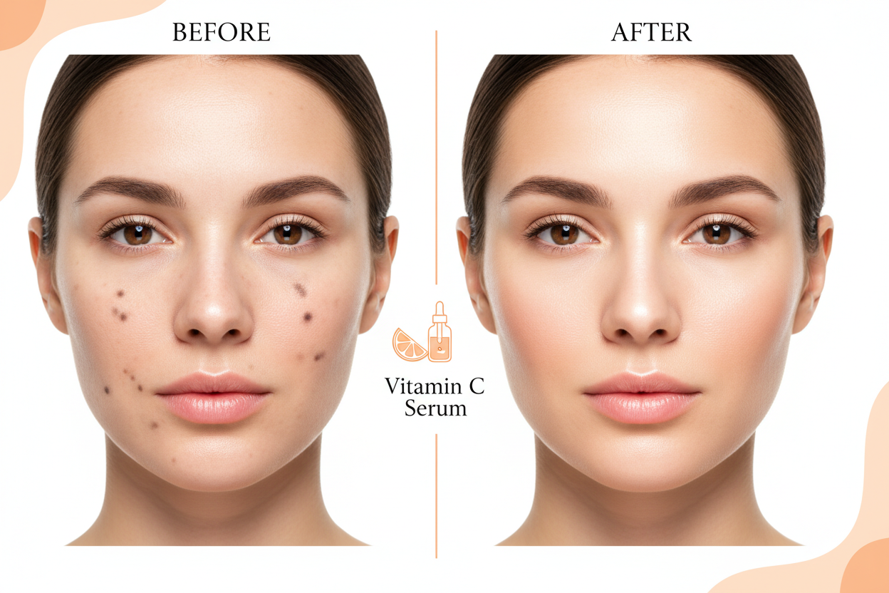 Before and after comparison of a woman's face with Vitamin C Serum application.