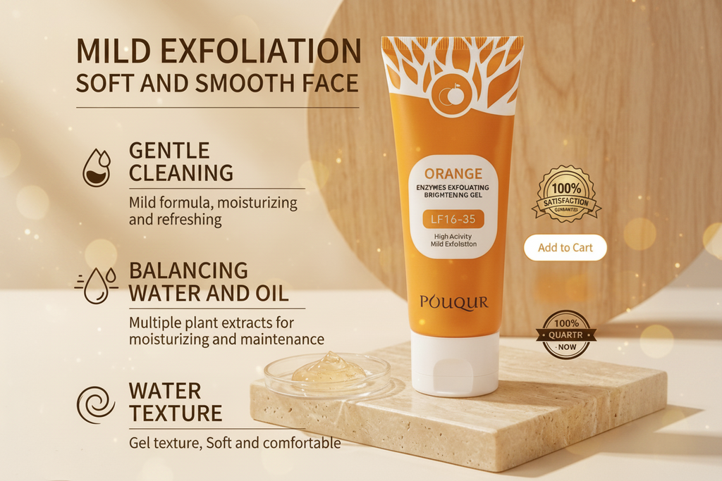 Orange tube of facial exfoliant with branding and product features on a wooden background