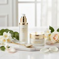 Moussio Exfoliating Peeling Gel facial scrub on white marble surface surrounded by flower petals
