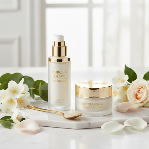 Moussio Exfoliating Peeling Gel facial scrub on white marble surface surrounded by flower petals
