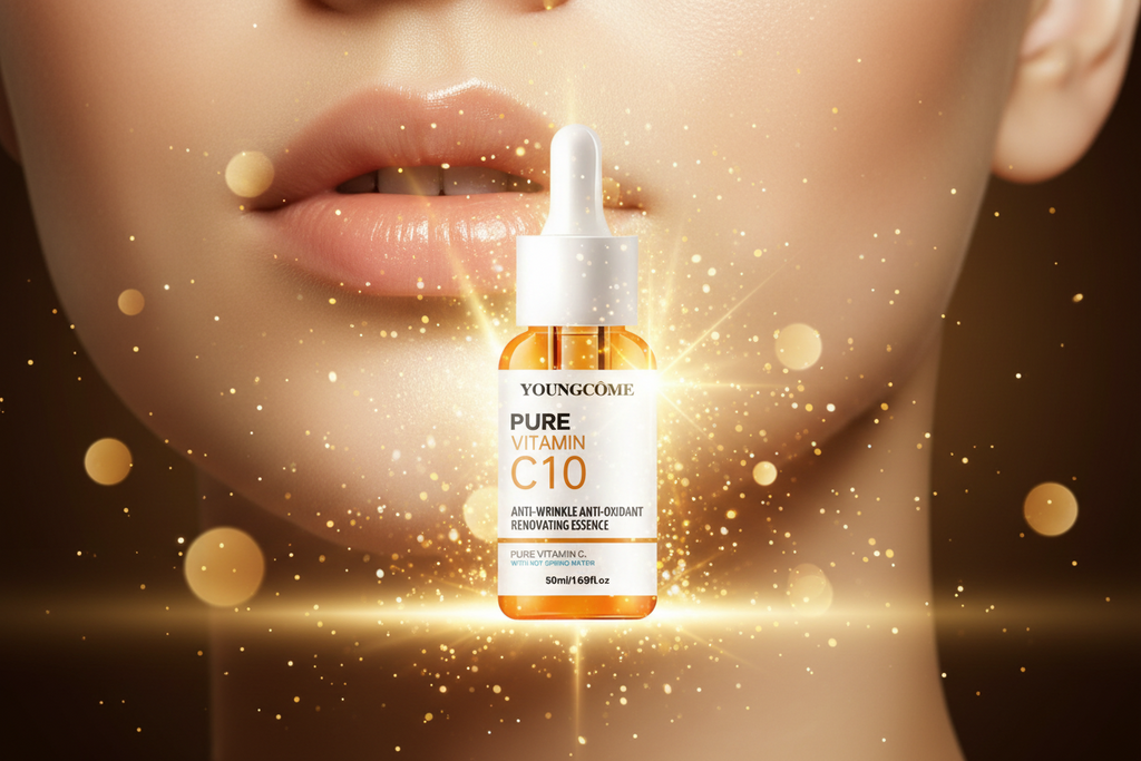 Youngcome Pure Vitamin C10 serum bottle with a blurred background