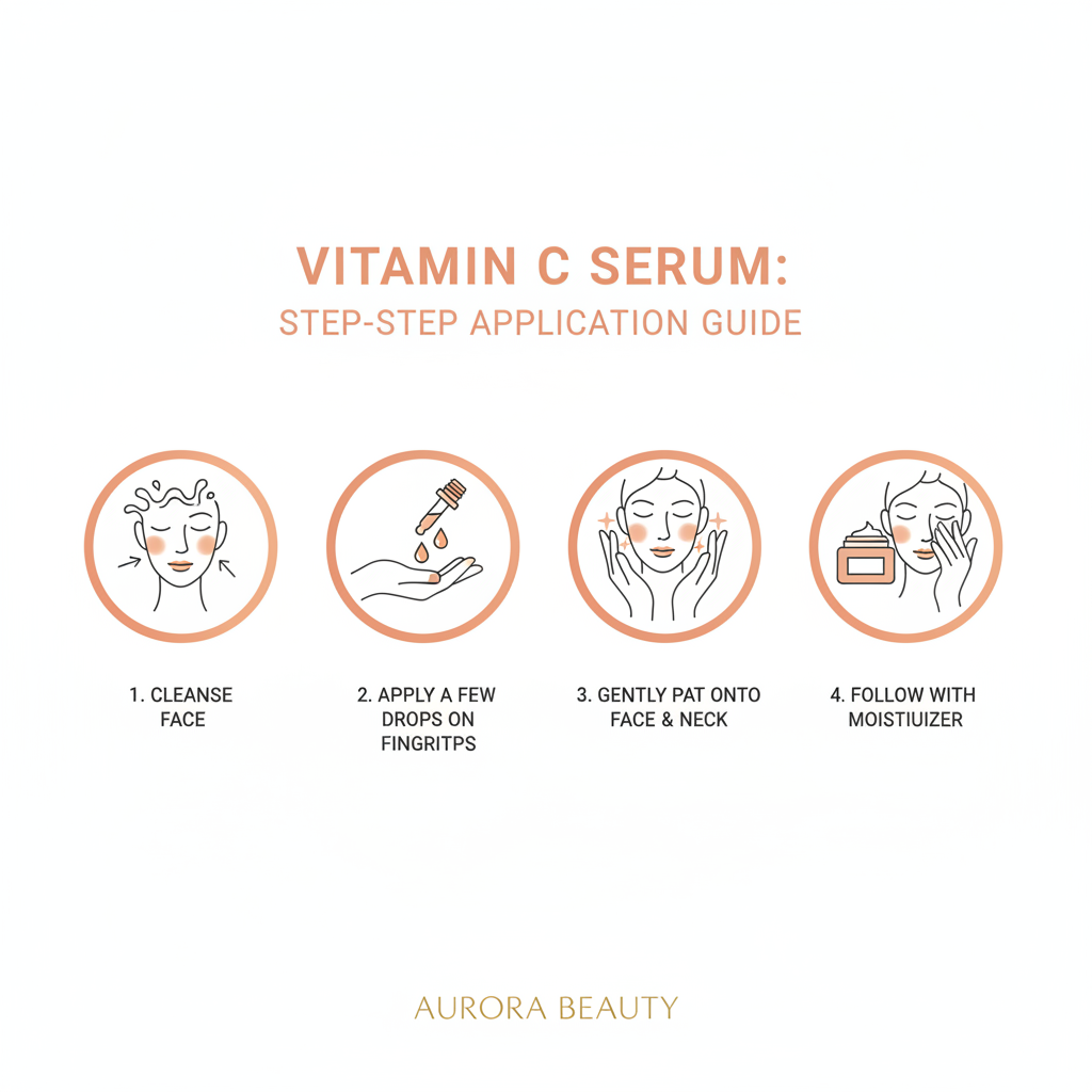 Step-by-step application guide for vitamin C serum with icons and text on a white background.