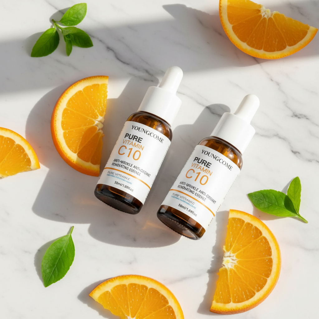 Two bottles of Youngman Pure Vitamin C10 with sliced oranges and leaves on a marble surface