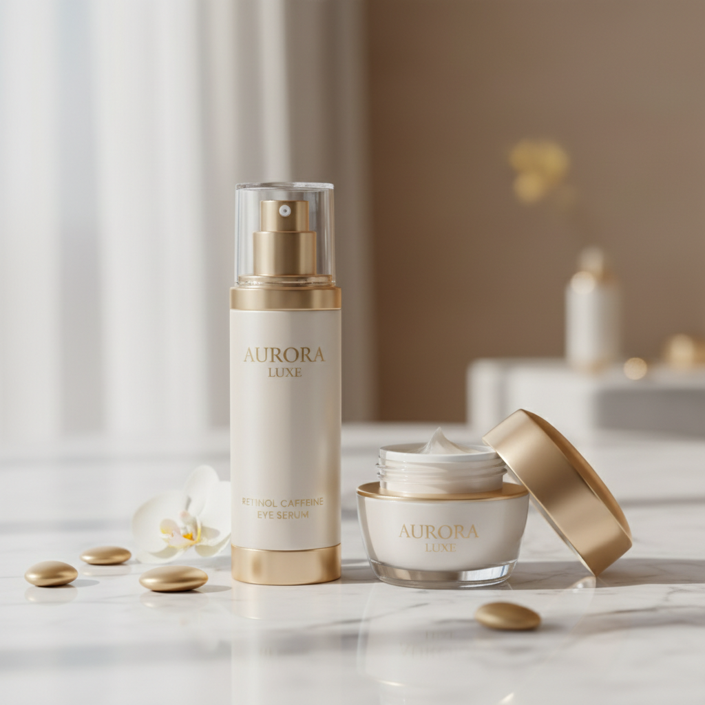 Moussio Retinol Caffeine Eye Serum bottle on white marble surface with soft natural lighting

