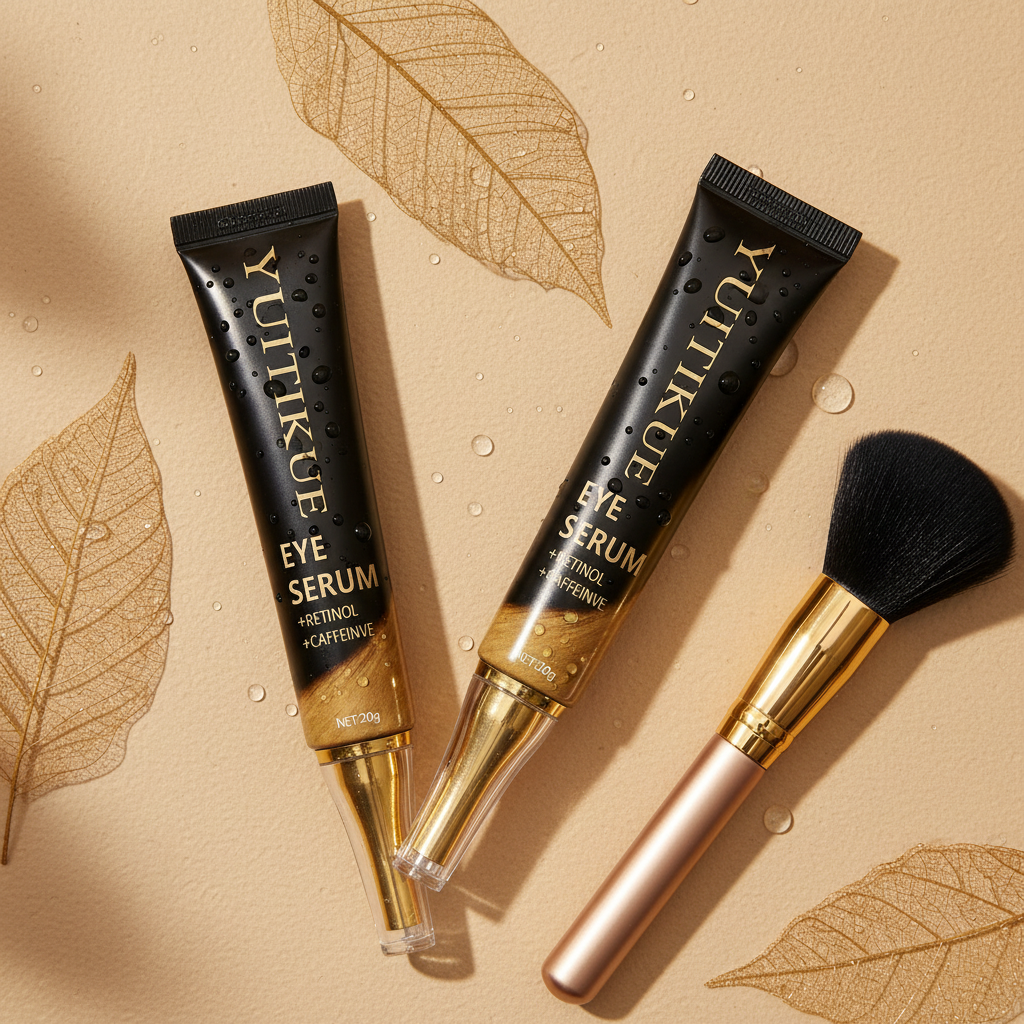 Two Yulikue eye serum tubes and a brush on a beige background with leaves.