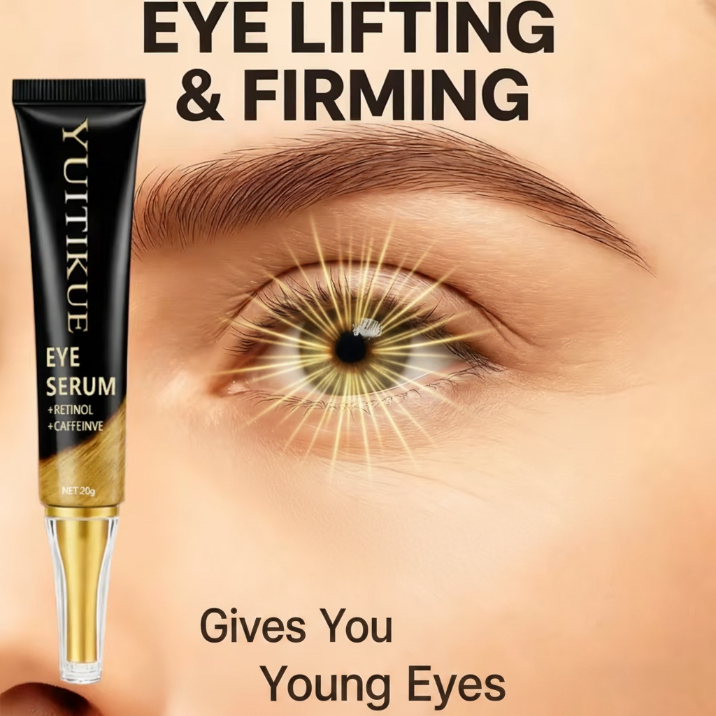 Yuitikue eye serum with an eye close-up and text about eye lifting and firming.